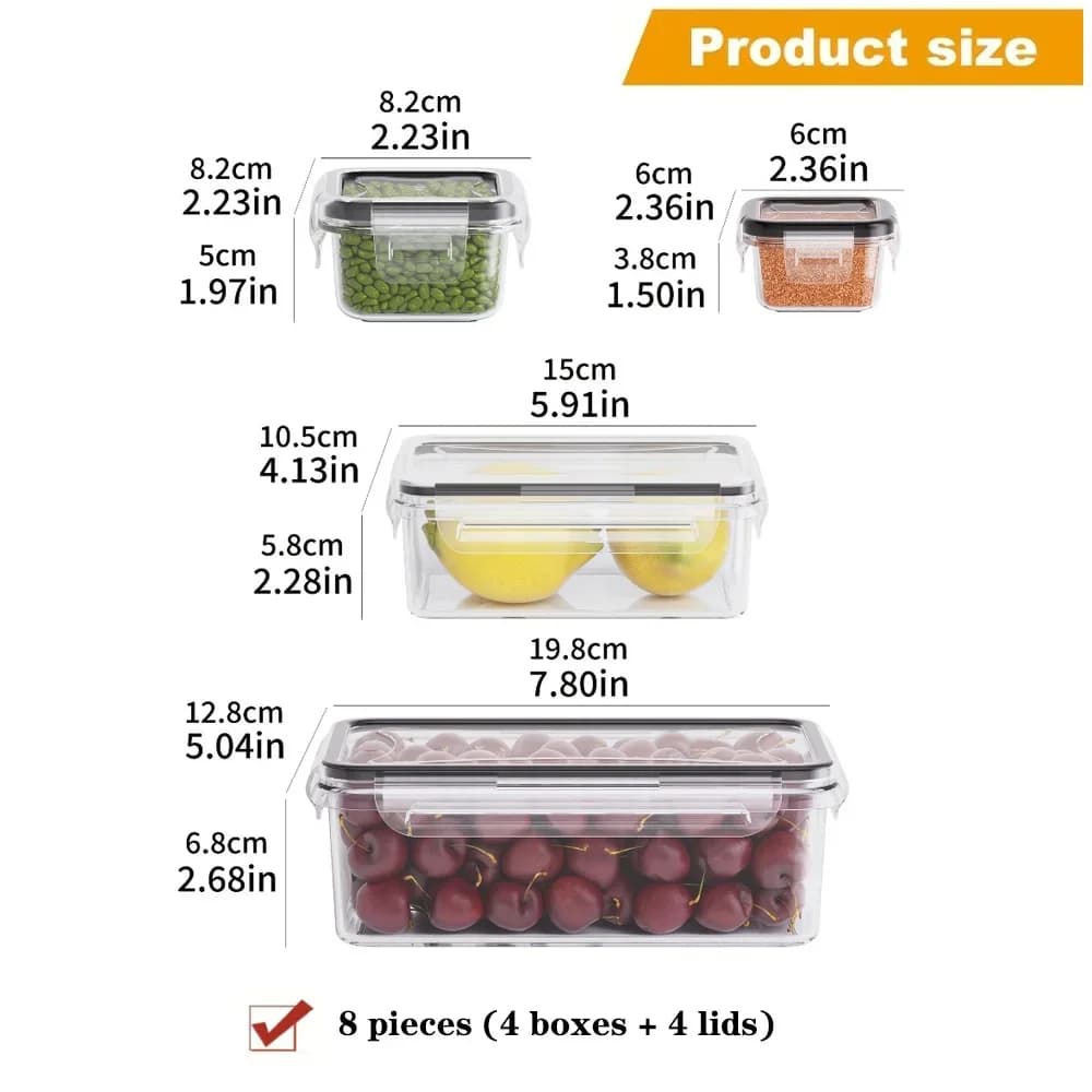 סט 8 קופסאות אחסון אטומות למזון ללא BPA עם מכסה ננעל - בטוח למיקרוגל ומקפיא