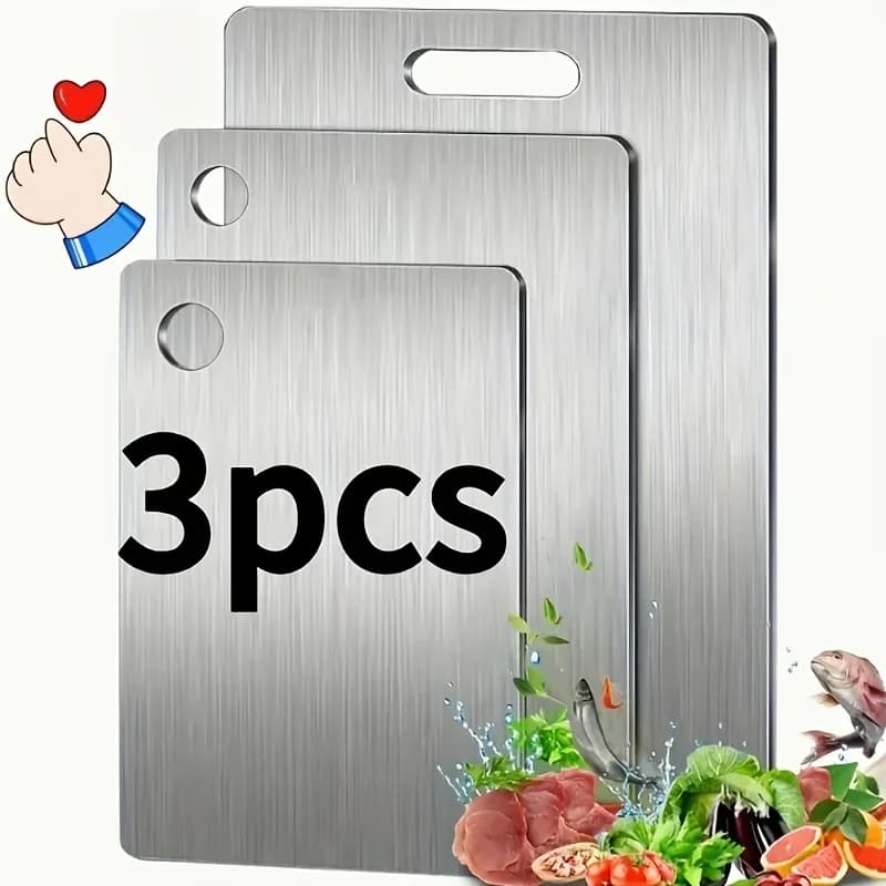 סט 3 קרשי חיתוך מנירוסטה - ללא BPA, בטוח למדיח ומונע החלקה עם חריץ למיצים