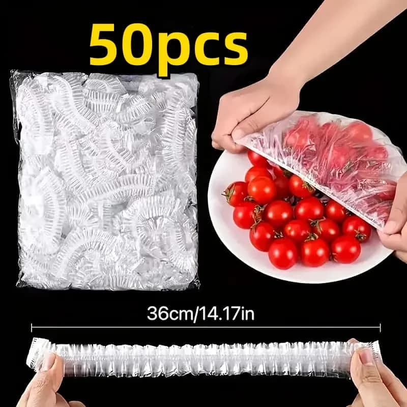 50 יחידות כיסויי מזון אלסטיים רב-פעמיים מ-PE - מכסי פלסטיק נמתחים ללחם, פירות וחטיפים | אטימה שקופה ועמידה